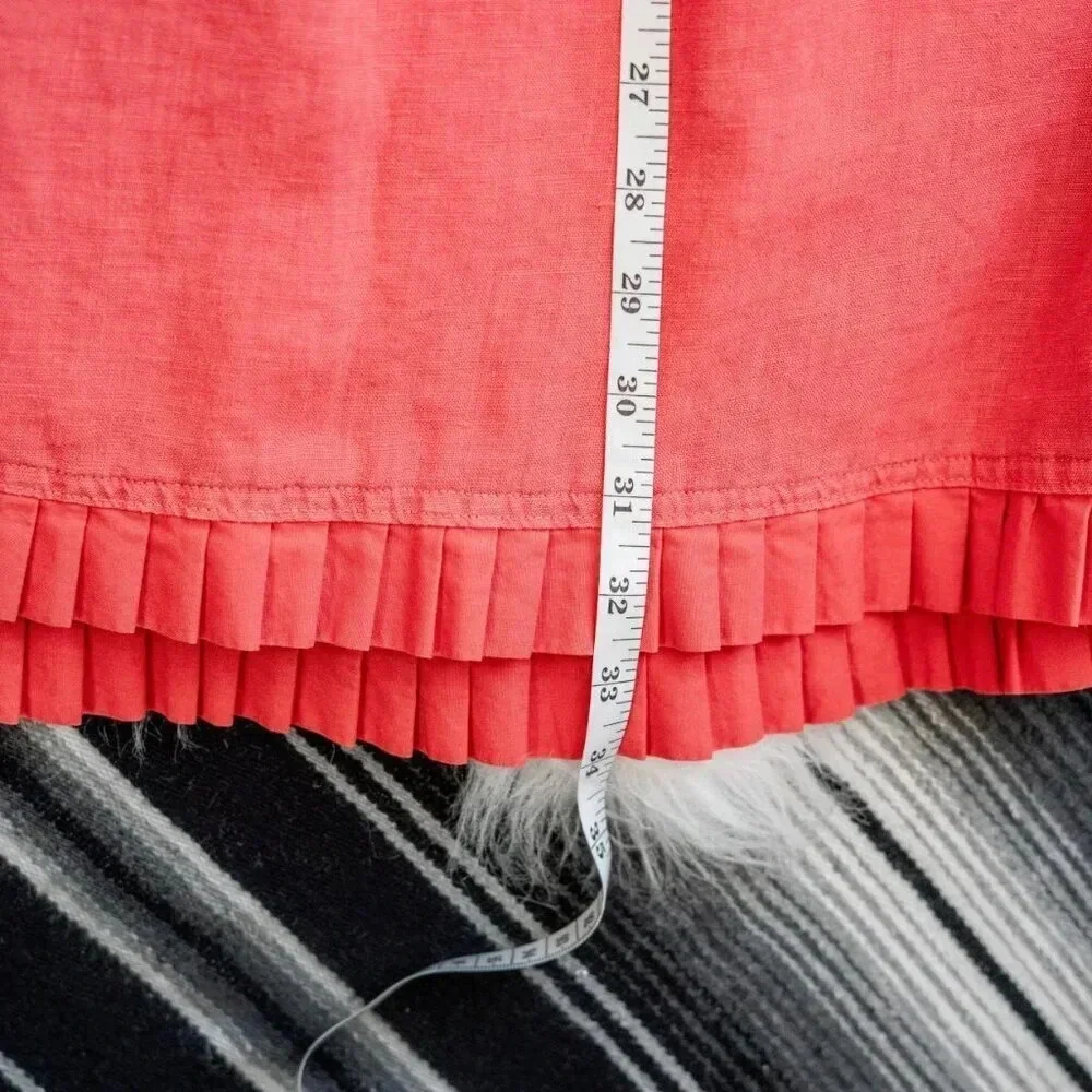 Embellish Coral Linen Blend Shift Dress Medium Pleated Ruffle Hem Collar Pockets - Picture 9 of 10